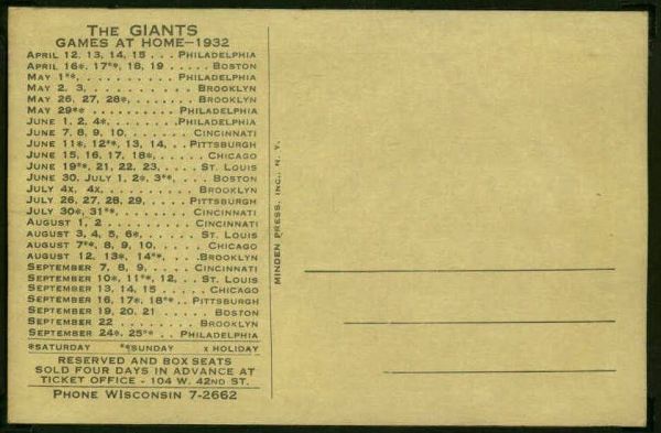 1932 Giants Schedule Postcards